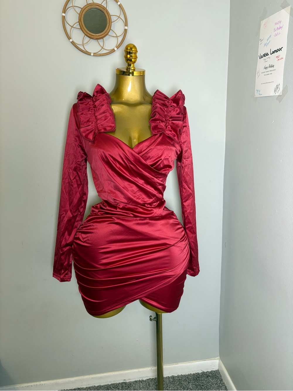 Women's Red Ruffle-Shoulder Satin Wrap Dress